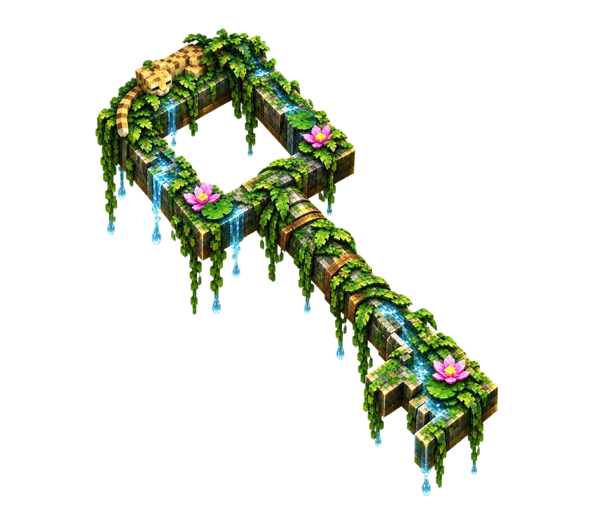 Lagoon crate key covered in jungle leaves, waterfalls and pink water lilies