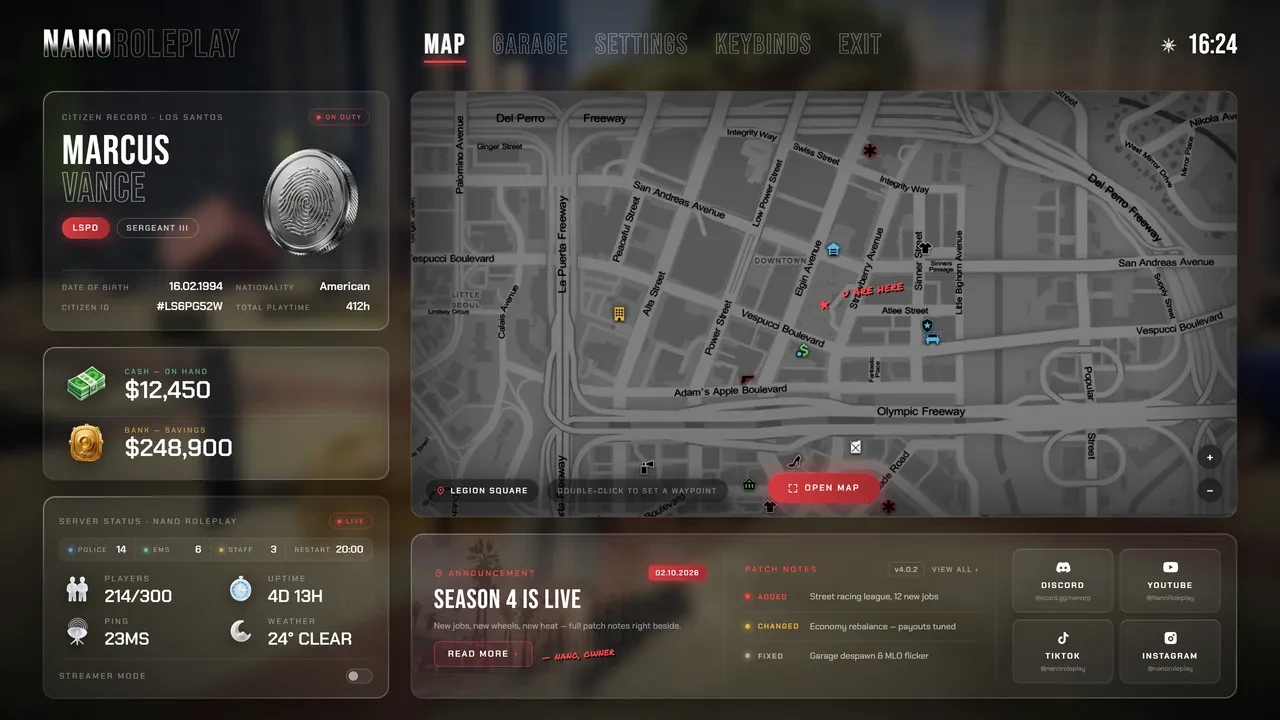 Pause Menu for FiveM, in game