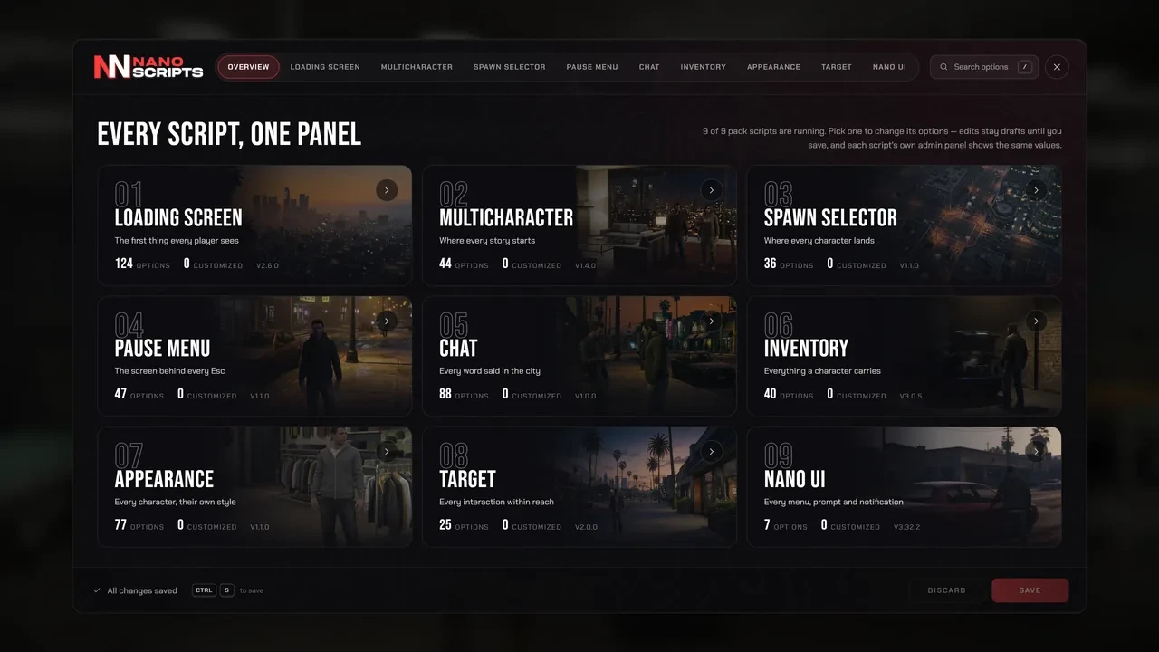 The NANO UI Pack control panel: one page per script