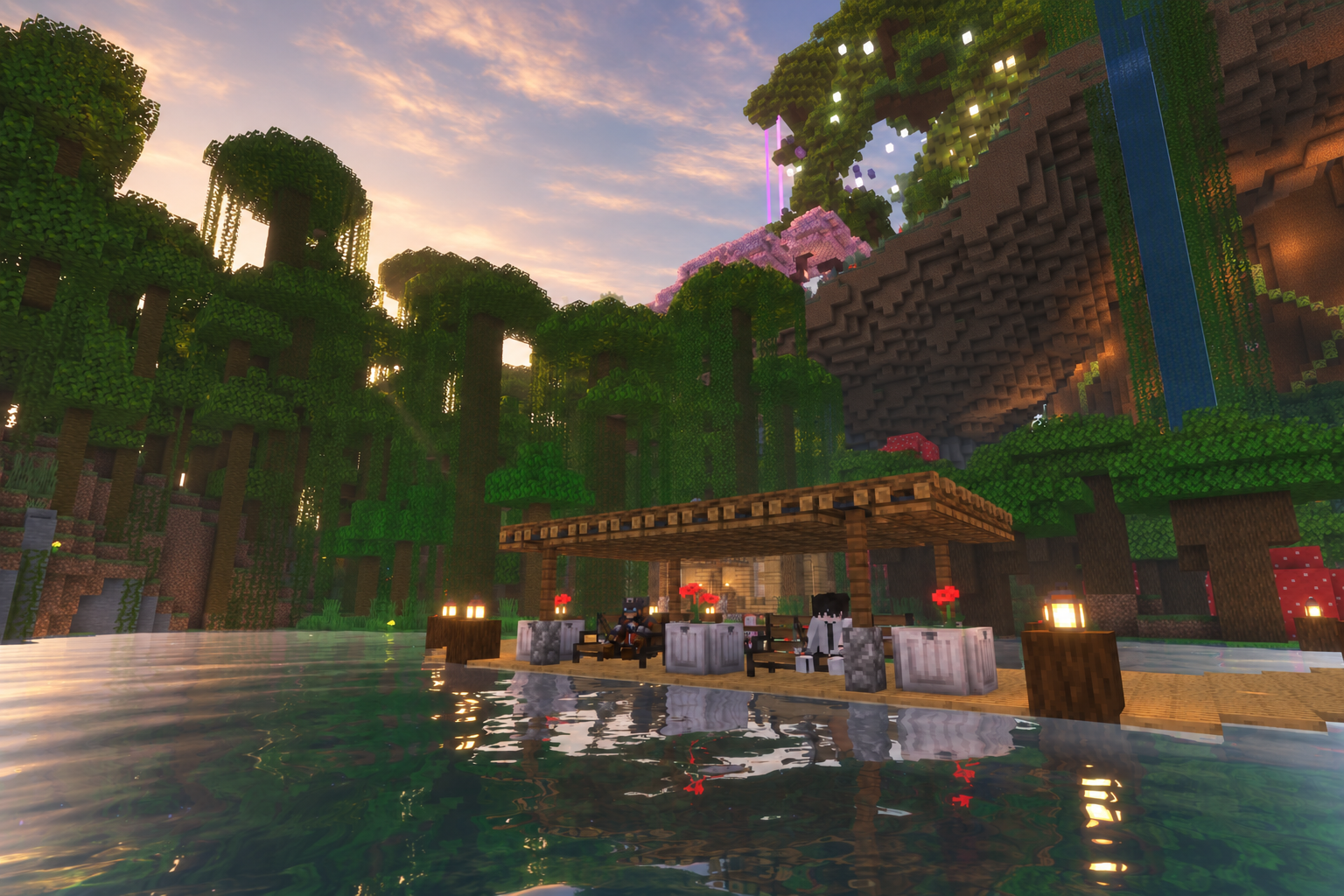 Illustrated Minecraft builds beside a river