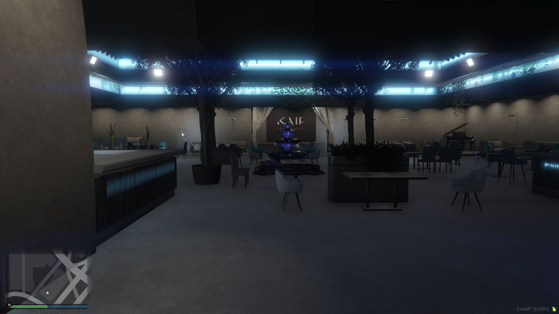 FiveM MLO restaurant dining hall with real trees and blue neon