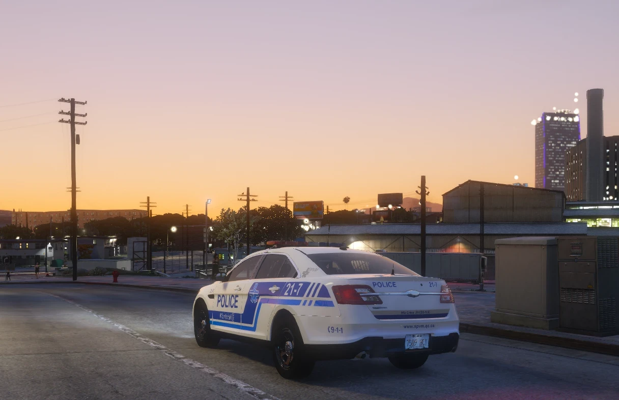 Voiture de patrouille au crépuscule devant la ligne d'horizon