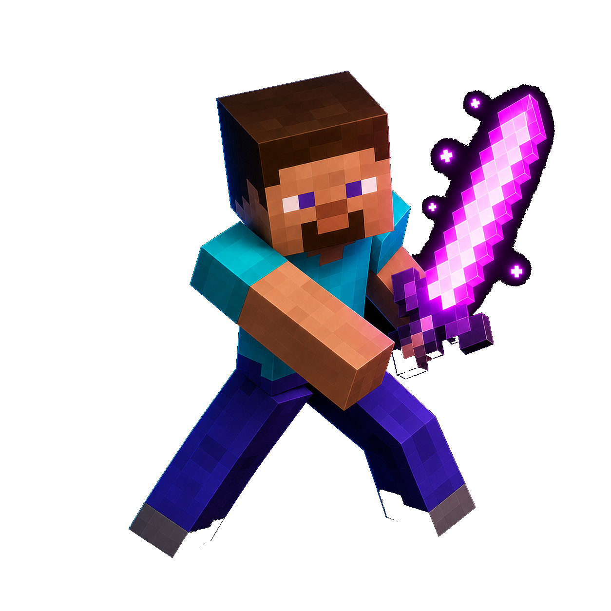 Classic Minecraft Steve holding a glowing magenta sword